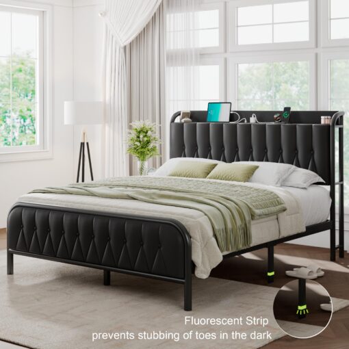 Feonase Leather Queen Bed Frame with Fast Charging Station,Queen Size Metal Platform Beds with Upholstered Headboard & Footboard,12" Underbed Storage Space,Easy Assembly,Noise-Free,Black - Image 6