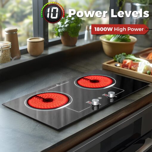 ADVWIN Electric Cooktop, 2 Burner Knob Control Plug in Built-in Ceramic Electric Stove Top with Child Safty Lock & Timer & Over-Temperature Protection & 10 Power Setting, 1800W, 110v (2 burners) - Image 7