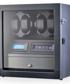4 Watch Winder with 5 Watch Storage Space, LCD Display, Touch Control and Interior Light (Carbon + Black)