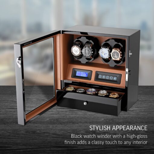 4 Watch Winder with 5 Watch Storage Space, LCD Display, Touch Control and Interior Light (Black + Brown) - Image 7