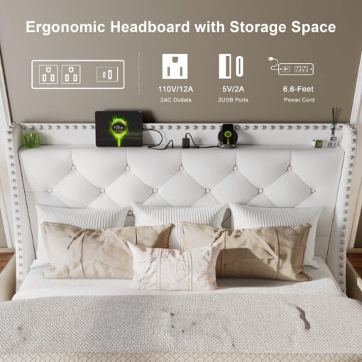 Feonase Full Size Bed Frame with Velvet Luxury Wingback Upholstered Button Tufted Storage Headboard, Full Platform Bed with Charging Station, Sturdy Wooden Slats Support, Easy Assembly, White - Image 6