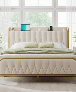 Feonase Velvet Queen Bed Frame with Fast Charging Station,Metal Platform Queen Size Beds with Upholstered Headboard & Footboard,12" Underbed Storage Space,Easy Assembly,Gold&Beige