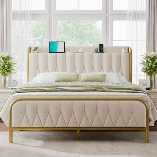 Feonase Velvet Queen Bed Frame with Fast Charging Station,Metal Platform Queen Size Beds with Upholstered Headboard & Footboard,12" Underbed Storage Space,Easy Assembly,Gold&Beige
