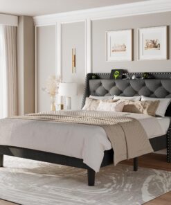 Feonase Full Size Bed Frame with Luxury Wingback and Fast Charging Station,Full Upholstered Button Tufted Storage Headboard Platform Bed,Sturdy Wooden Slats Support,Noise-Free, Easy Assembly,Dark Gray