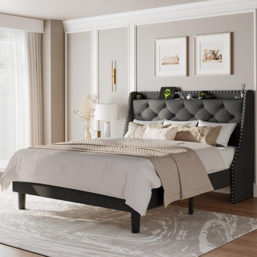 Feonase Full Size Bed Frame with Luxury Wingback and Fast Charging Station,Full Upholstered Button Tufted Storage Headboard Platform Bed,Sturdy Wooden Slats Support,Noise-Free, Easy Assembly,Dark Gray