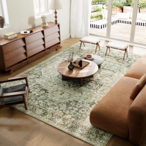 9×12 Machine Washable Rug for Living Room, Boho Vintage 9×12 Area Rug，Distressed Accent Low Pile Ultra Soft Large Carpet for Bedroom Bathroom Dining Room, Floral/Green - Image 6