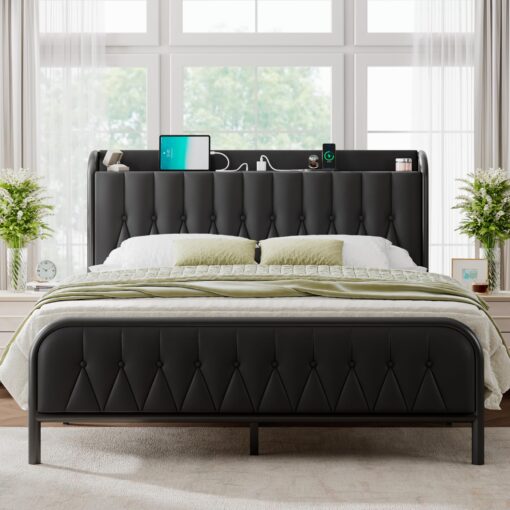 Feonase Leather Queen Bed Frame with Fast Charging Station,Queen Size Metal Platform Beds with Upholstered Headboard & Footboard,12" Underbed Storage Space,Easy Assembly,Noise-Free,Black