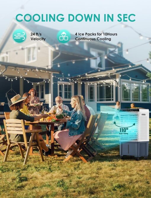 Air Choice Swamp Cooler, 1800 CFM Evaporative Air Cooler with 5.3 Gal Water Tank, 110° Swing, 3 Speeds, 4 Ice Box, Remote, 12H Timer, Portable Air Cooling Fan for Outdoor & Indoor, Gray - Image 7