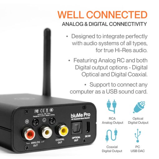 Auris Blume Pro HiFi Bluetooth 5.3 Music Receiver Long Range Bluetooth Adapter with Audiophile DAC, LDAC, aptX HD, OLED Display & Optical Coaxial AUX Output for Home Stereo, AV Receiver or Amplifier - Image 4