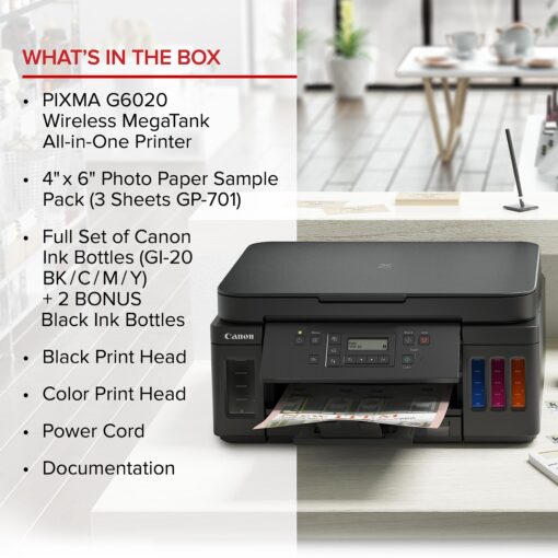 Canon PIXMA G6020 All-in-One Supertank Wireless (Megatank) Printer, Copier and Scan with Mobile Printing, Black, Works with Alexa - Image 2