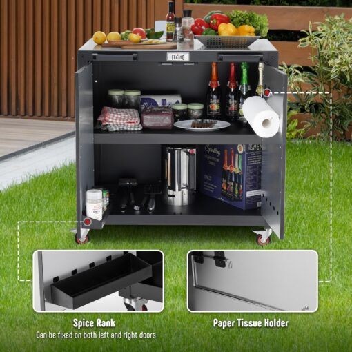 FEASTO Grill Table, Outdoor Bar Cart Grill Cart with Storage Cabinet,Modular Outdoor Kitchen Island, Outdoor Grill Station with 304 Stainless Steel Top,Pizza Oven Table for Lawn & Garden,L35.4” x W24” - Image 4