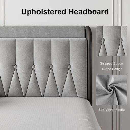 Feonase Velvet Queen Bed Frame with Fast Charging Station,Queen Size Metal Platform Beds with Upholstered Headboard & Footboard,12" Underbed Storage Space,Easy Assembly,Noise-Free,Grey - Image 4