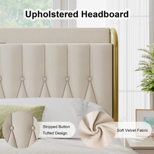 Feonase Velvet King Size Bed Frame with Fast Charging Station,Metal Platform King Beds with Upholstered Headboard & Footboard,12" Underbed Storage Space,Easy Assembly,Noise-Free,Beige - Image 4
