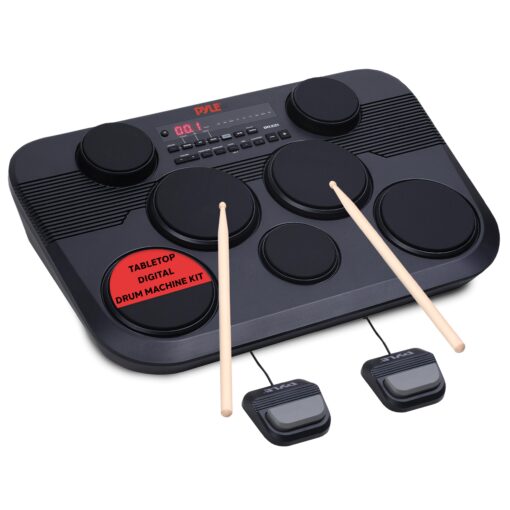 Pyle Electronic Tabletop Digital Drum Set, Compact Portable Drum Pad Kit w/ 7 Touch Sensitive Drum Pads and Pedals, 273 Sounds, USB & Headphone Outputs, MIDI/AUX Inputs, 4x5” Drums & 3x3.5” Cymbals
