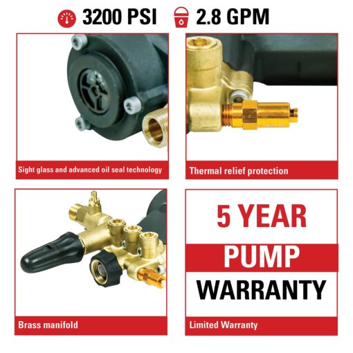 AAA 90036 Horizontal Triplex Plunger Replacement Pressure Washer Pump Kit, 3200 PSI, 2.8 GPM, 3/4" Shaft, Includes Hardware and Siphon Tube, for Industrial Gas Powered Machines, Black - Image 6