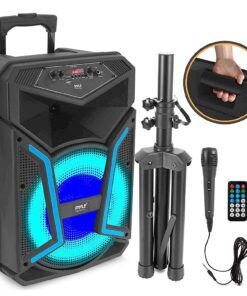 PYLE Portable Bluetooth PA Speaker System - 1200W Outdoor Bluetooth Speaker Portable PA System w/ Microphone In, Party Lights, MP3/USB SD Card Reader FM Radio, Rolling Wheels - Mic, Remote PPHP152SM