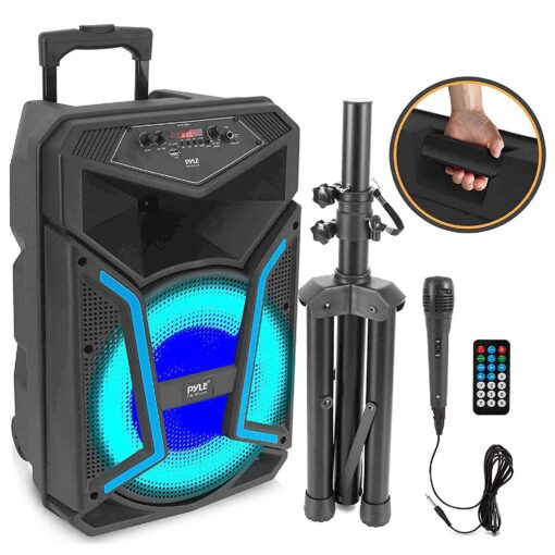 PYLE Portable Bluetooth PA Speaker System - 1200W Outdoor Bluetooth Speaker Portable PA System w/ Microphone In, Party Lights, MP3/USB SD Card Reader FM Radio, Rolling Wheels - Mic, Remote PPHP152SM