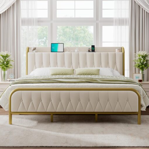 Feonase Velvet King Size Bed Frame with Fast Charging Station,Metal Platform King Beds with Upholstered Headboard & Footboard,12" Underbed Storage Space,Easy Assembly,Noise-Free,Beige