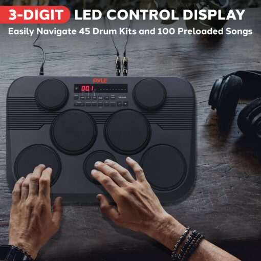 Pyle Electronic Tabletop Digital Drum Set, Compact Portable Drum Pad Kit w/ 7 Touch Sensitive Drum Pads and Pedals, 273 Sounds, USB & Headphone Outputs, MIDI/AUX Inputs, 4x5” Drums & 3x3.5” Cymbals - Image 3