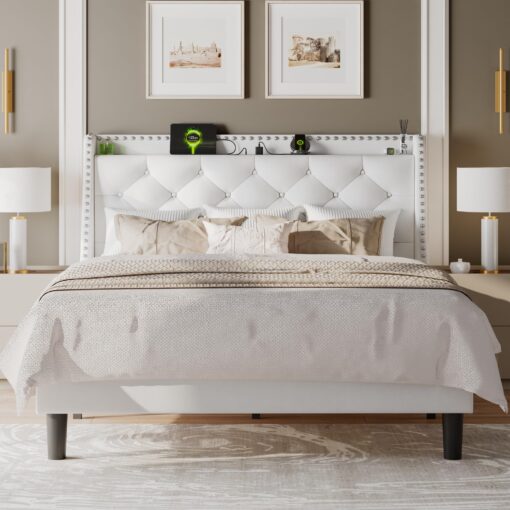 Feonase Full Size Bed Frame with Velvet Luxury Wingback Upholstered Button Tufted Storage Headboard, Full Platform Bed with Charging Station, Sturdy Wooden Slats Support, Easy Assembly, White - Image 2