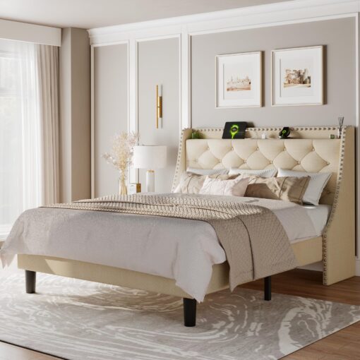 Feonase Full Size Bed Frame with Luxury Wingback and Fast Charging Station,Full Upholstered Button Tufted Storage Headboard Platform Bed, Sturdy Wooden Slats Support, Noise-Free, Easy Assembly, Beige