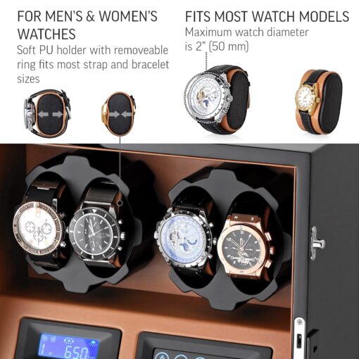 4 Watch Winder with 5 Watch Storage Space, LCD Display, Touch Control and Interior Light (Black + Brown) - Image 5
