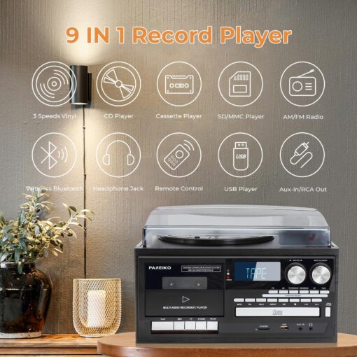 9-in-1 Vintage Turntable Record Player with Bluetooth, Built-in Speakers, AM/FM Radio, CD & Cassette Playback, USB/SD/MMC Support, Remote Control, Aux Input, RCA Output Black - Image 7