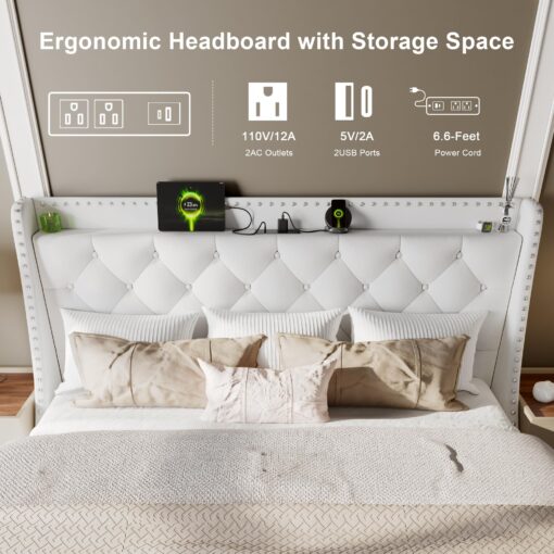 Feonase King Size Bed Frame with Velvet Luxury Wingback Upholstered Button Tufted Storage Headboard, King Platform Bed with Charging Station, Sturdy Wooden Slats Support, Easy Assembly, White - Image 5