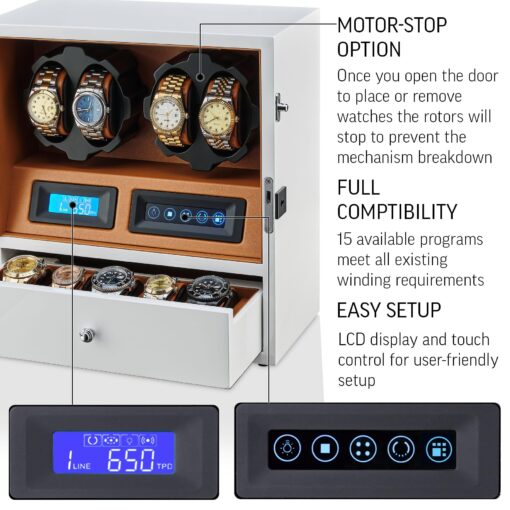 4 Watch Winder with 5 Watch Storage Space, LCD Display, Touch Control and Interior Light (White + Brown) - Image 5