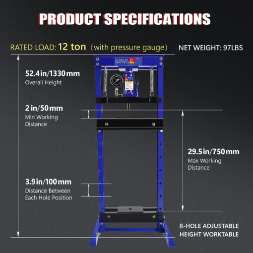 12 Ton Hydraulic Shop Press, H-Frame Garage Floor Adjustable Shop Press with Stamping Plates & Pressure Gauge to Bend, Straighten, Or Press Parts, Install Bearings and U-Joints - Image 5