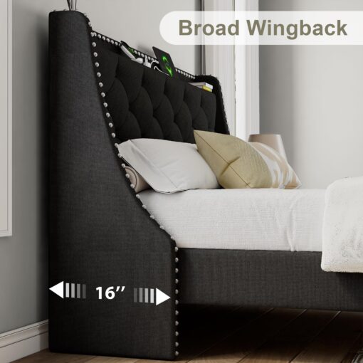 Feonase Queen Bed Frame with Luxury Wingback and Fast Charging Station,Upholstered Button Tufted Storage Headboard Platform Bed,Sturdy Wooden Slats Support,Noise-Free,Easy Assembly,Matte Black - Image 4