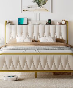 Feonase Velvet Full Size Bed Frame with Fast Charging Station,Full Metal Platform Beds with Upholstered Headboard & Footboard,12" Underbed Storage Space,Easy Assembly,Noise-Free,Beige