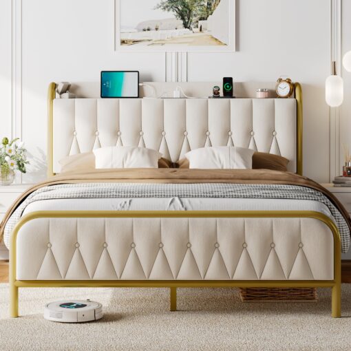 Feonase Velvet Full Size Bed Frame with Fast Charging Station,Full Metal Platform Beds with Upholstered Headboard & Footboard,12" Underbed Storage Space,Easy Assembly,Noise-Free,Beige