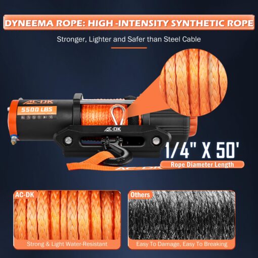AC-DK 5500 lb ATV/UTV Winch Synthetic Rope Kits, 12V Winch with Wireless Remote for Off Road Trailer Boat RV Towing Winches, Waterproof Winch with Mounting Plate and Wired Remote - Image 4