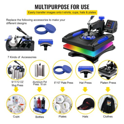VEVOR 8 in 1 Heat Press Machine 15x15 Inch, 360° Swing Away Shirt Press Machine - Digital Professional Heat Transfer Tshirt Press Machine, Sublimation Heat Press for T Shirts Hat Cap Mug Plate Blue - Image 7