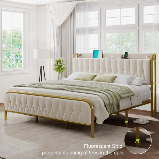 Feonase Velvet King Size Bed Frame with Fast Charging Station,Metal Platform King Beds with Upholstered Headboard & Footboard,12" Underbed Storage Space,Easy Assembly,Noise-Free,Beige - Image 6