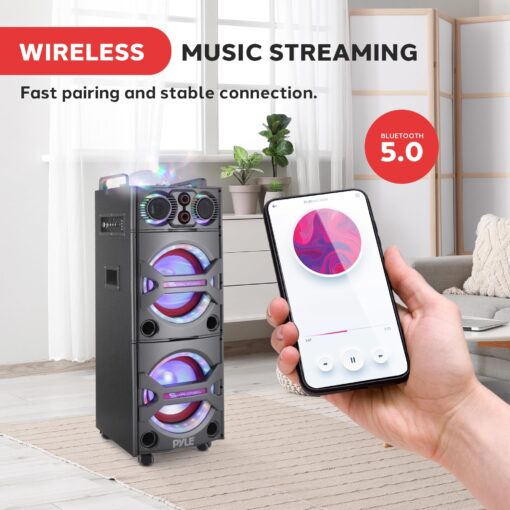 Pyle Portable Bluetooth PA Speaker System - 2000W Active powered Outdoor Bluetooth Speaker Portable PA System w/ Microphone In, Party Lights, USB SD Card Reader, AUX/RCA/FM Radio, Wheels - PSUFM1043BT - Image 3