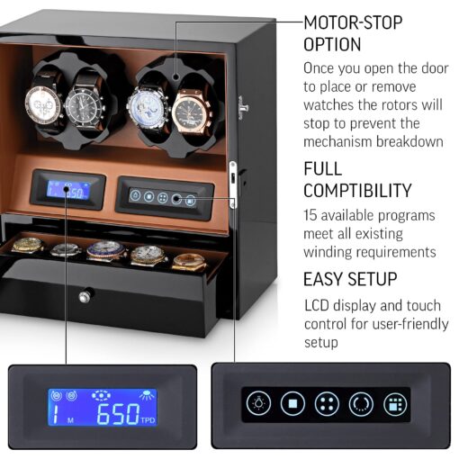 4 Watch Winder with 5 Watch Storage Space, LCD Display, Touch Control and Interior Light (Black + Brown) - Image 4
