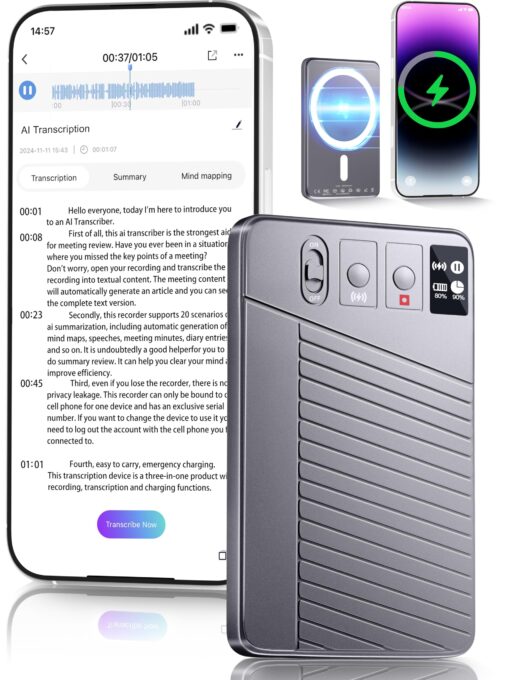 AI Voice Recorder - Record,Transcribe,Charge 3 in 1,Support 107 Languages,Avoid Missing Meeting Highlights,64 GB,ChatGPT Driven AI Summarization,App Control,Mind Mapping,Bluetooth Distance 50ft