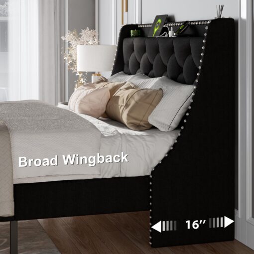 Feonase Full Size Bed Frame with Luxury Wingback and Fast Charging Station,Full Upholstered Button Tufted Storage Headboard Platform Bed,Sturdy Wooden Slats Support,Noise-Free,Easy Assembly,Black - Image 5