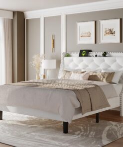 Feonase Full Size Bed Frame with Velvet Luxury Wingback Upholstered Button Tufted Storage Headboard, Full Platform Bed with Charging Station, Sturdy Wooden Slats Support, Easy Assembly, White