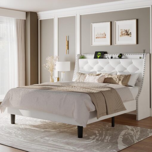 Feonase Full Size Bed Frame with Velvet Luxury Wingback Upholstered Button Tufted Storage Headboard, Full Platform Bed with Charging Station, Sturdy Wooden Slats Support, Easy Assembly, White
