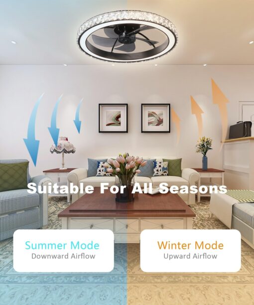 Aipsun Low Profile Modern Crystal Chandelier Ceiling Fans with Lights and Remote, 3000K-6500K Smart Bladeless LED Fan Light, 22" Black Modern Ceiling Fans with Lights for Bedroom - Image 3