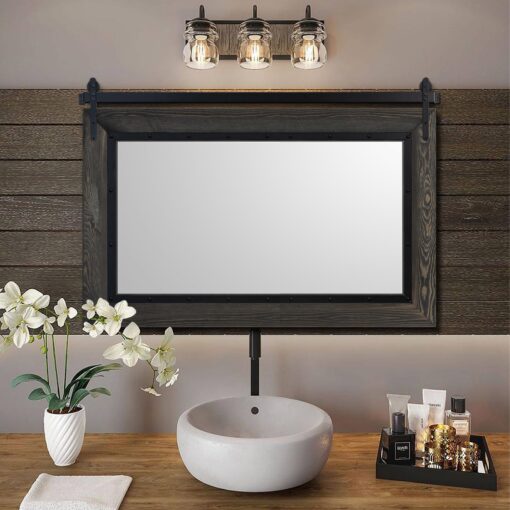 YOSHOOT Farmhouse Barn Door Mirror, 40"x26" Rustic Bathroom Mirror, Wood Frame Wall Mirror, Wooden Mirror for Living Room Bedroom Entryway Wall Décor, Horizontal Hanging ONLY - Image 3