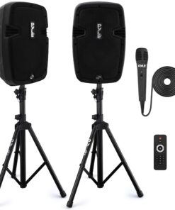 Pyle Powered Bluetooth PA Speaker Kit - Event Ready - Just Plug In and Play Active and Passive 350w Loudspeakers with Wired Microphone, Speaker Stands, Remote - MP3/USB/SD/AUX inputs - PPHP849KT