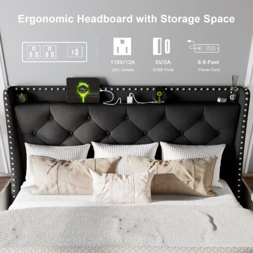 Feonase Full Size Bed Frame with Luxury Wingback and Fast Charging Station,Full Upholstered Button Tufted Storage Headboard Platform Bed,Sturdy Wooden Slats Support,Noise-Free,Easy Assembly,Black - Image 6
