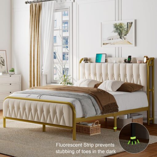 Feonase Velvet Full Size Bed Frame with Fast Charging Station,Full Metal Platform Beds with Upholstered Headboard & Footboard,12" Underbed Storage Space,Easy Assembly,Noise-Free,Beige - Image 6