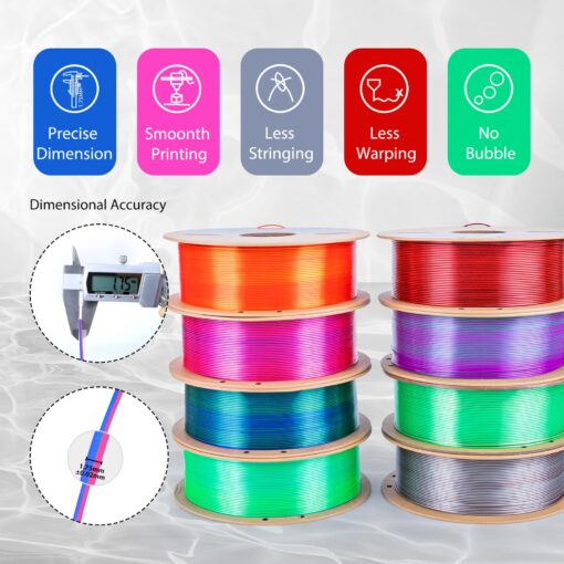 3Dgenius 3D Printer Filament Bundle Silk PLA Filament 1.75mm Pack 3D Printing Filament Pack Silk PLA 3D Printer Filament Fit Most FDM Printers, 1KG X 8 Spools, Totally 8KG - Image 6