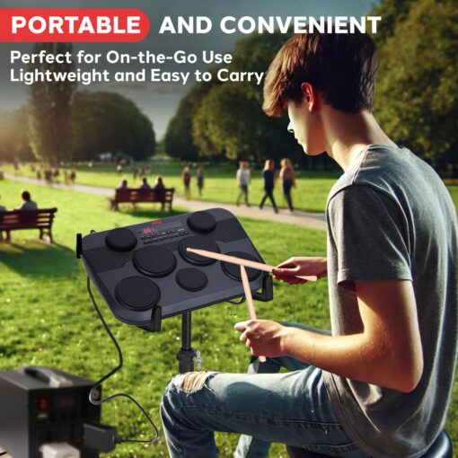 Pyle Electronic Tabletop Digital Drum Set, Compact Portable Drum Pad Kit w/ 7 Touch Sensitive Drum Pads and Pedals, 273 Sounds, USB & Headphone Outputs, MIDI/AUX Inputs, 4x5” Drums & 3x3.5” Cymbals - Image 6