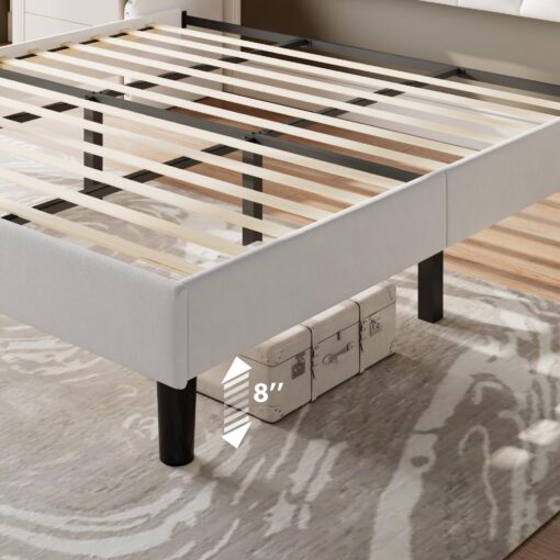 Feonase King Size Bed Frame with Velvet Luxury Wingback Upholstered Button Tufted Storage Headboard, King Platform Bed with Charging Station, Sturdy Wooden Slats Support, Easy Assembly, White - Image 2